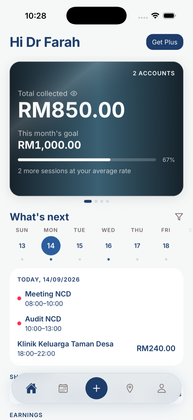 KiraLocum home screen showing this month's goal and today's sessions