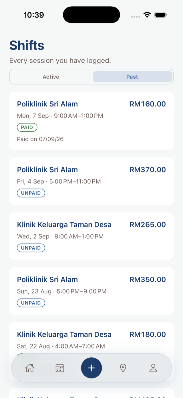 Shifts list showing paid and unpaid sessions